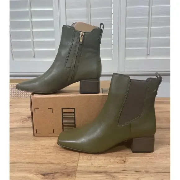 Franco Sarto Waxton Chelsea Boot Olive Green Leather Size 6.5 NIB Square Toe
